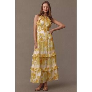 Anthropologie BHLDN Floral Ava Chiffon High-Neck Ruffled Maxi Dress Yellow Large
